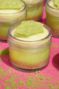 alt="Creamy matcha cheesecake dessert with Vanilla Cream and crunchy puffed rice, made from scratch in San Antonio, Texas"