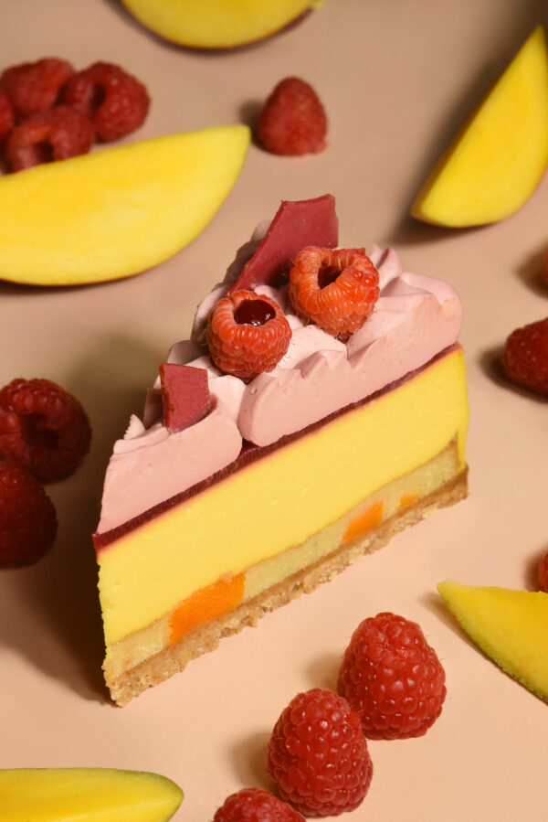 alt="Light Mango Cheesecake layered with Almond Frangipane and sweet Dried Mango Pieces. Topped with tart Raspberry Compote, silky Raspberry Ganache, Fresh Raspberries, and a crisp Raspberry Chocolate Crunch, made from scratch in San Antonio, Texas"