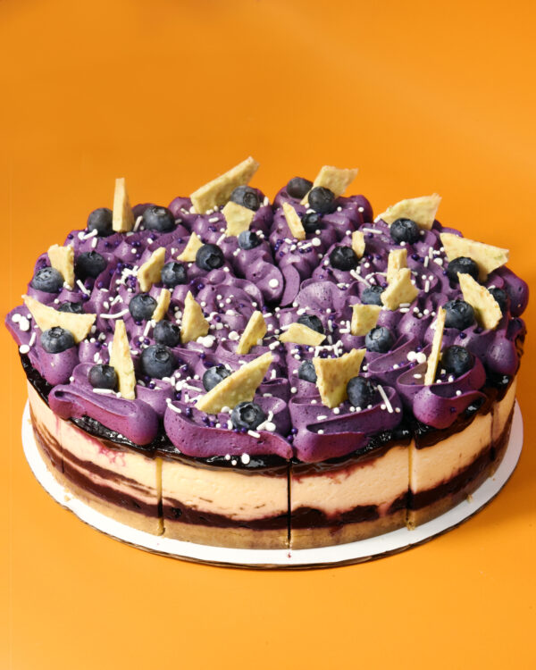 alt="Blueberry cheesecake with graham crust, blueberry jam, vanilla cheesecake filling, blueberry ganache, and white chocolate lime zest crunch made in San Antonio, Texas"