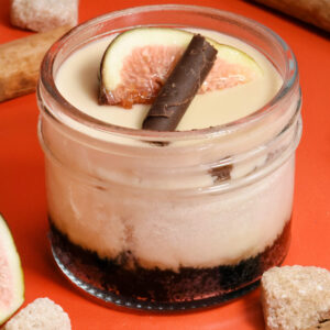 alt="Layered cheesecake jar made from scratch in San Antonio — starting with an Oreo crust, chai cheesecake, butterscotch crunch, silky butterscotch mousse, topped with fresh fig and a dark chocolate cigarette."