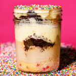 Viral Dot Cake Cheesecake: a layered cheesecake dessert with vanilla, chocolate, and cookies and cream cheesecake, birthday cake, chocolate cake, vanilla cream cheese buttercream, and a crunchy sprinkle shell made from scratch in San Antoni, Texas